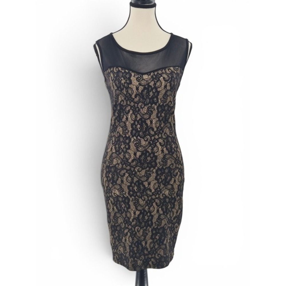 Black Gold Metallic Floral Lace Bodycon Midi Dress Small Mesh Yoke Cocktail Glam